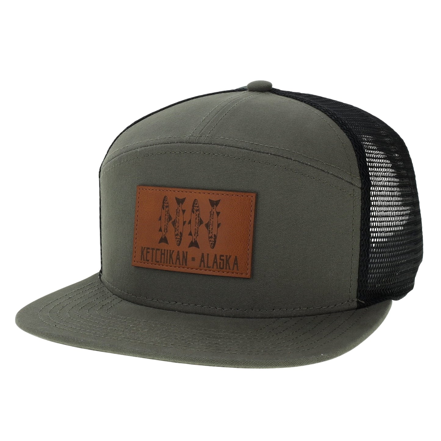 Green hat with a brown patch with fish on it