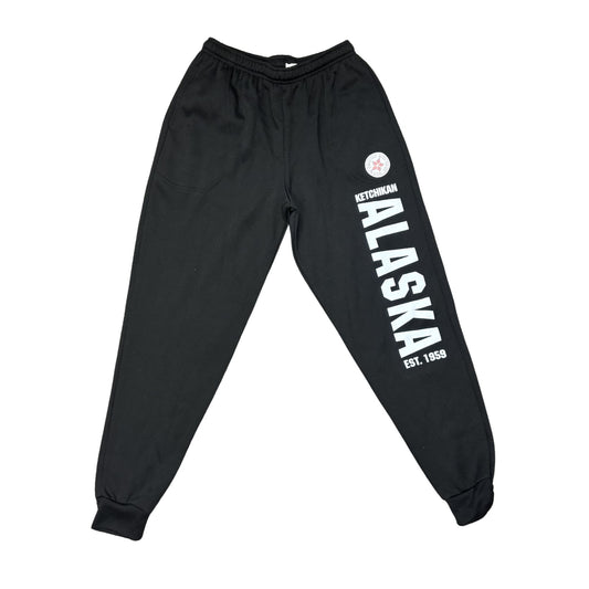Black sweatpants with 'Alaska' and 'Ketchikan' text 