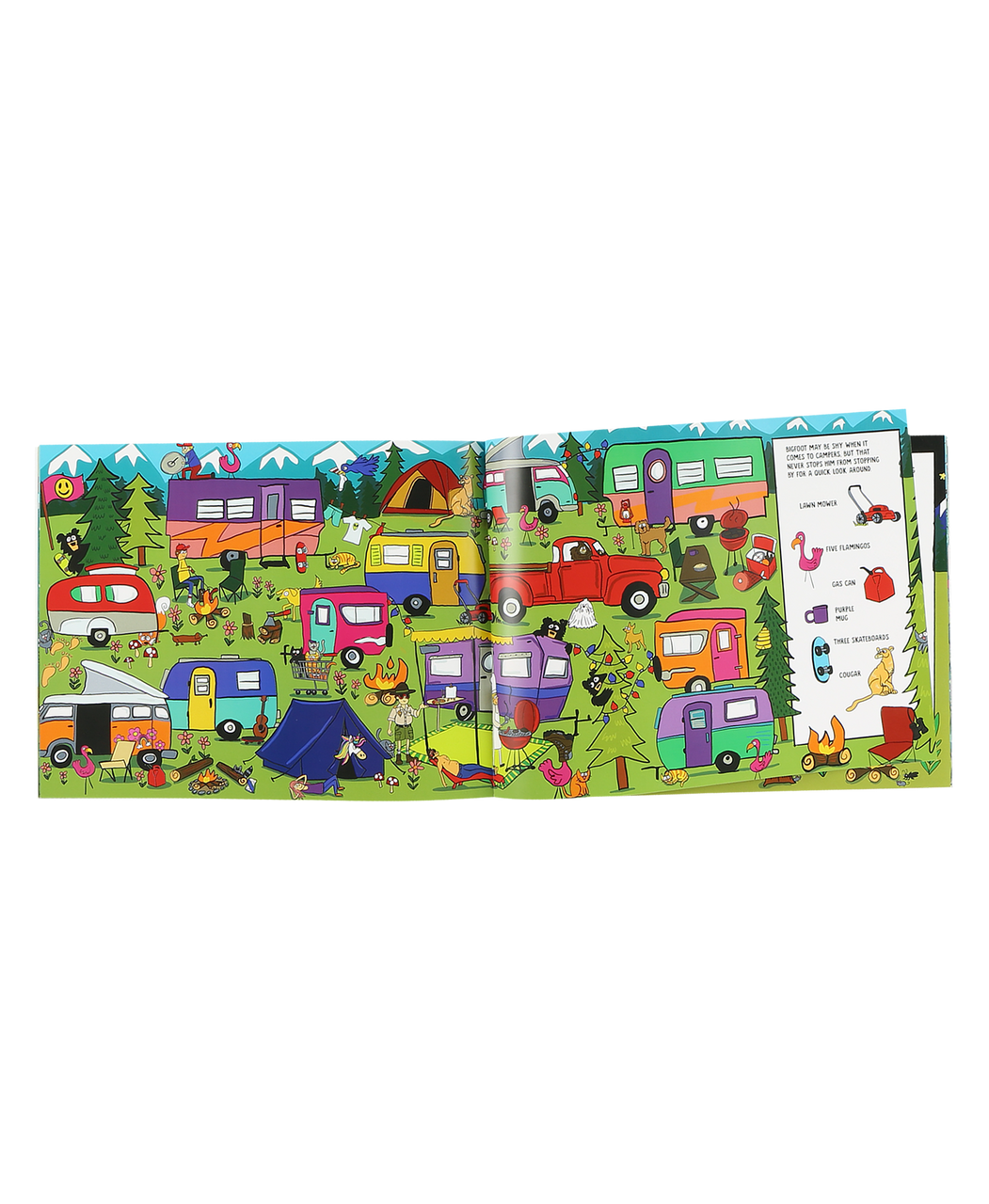 Children's book with colorful illustrations of campers and trees on a white background