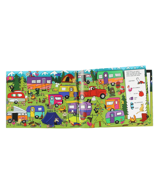 Children's book with colorful illustrations of campers and trees on a white background