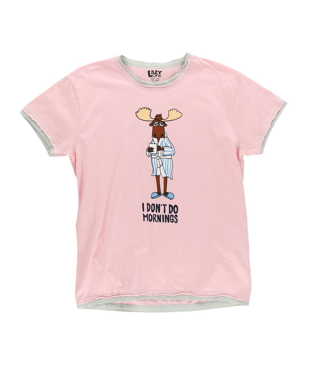 Pink t-shirt with a cartoon moose graphic and text 