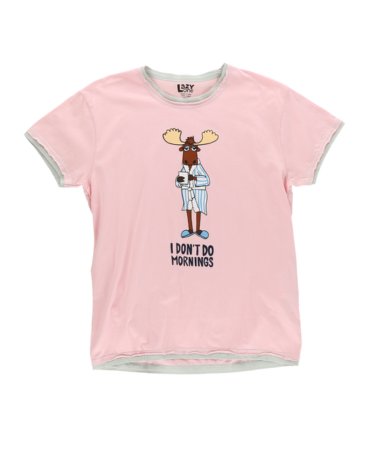Pink t-shirt with a cartoon moose graphic and text 