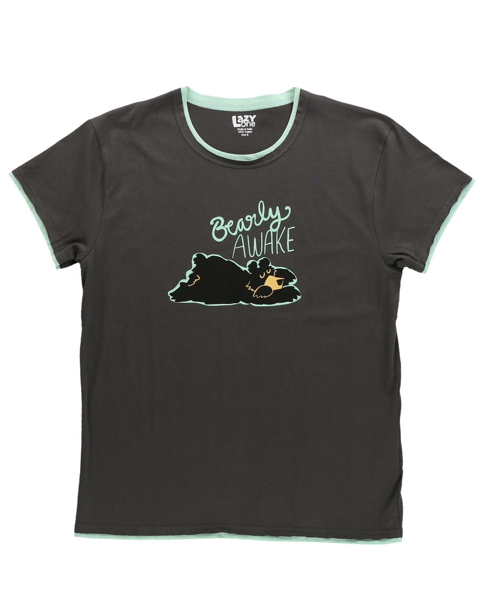 gray t-shirt with bear graphic and light blue 'Bearly Awake' text 