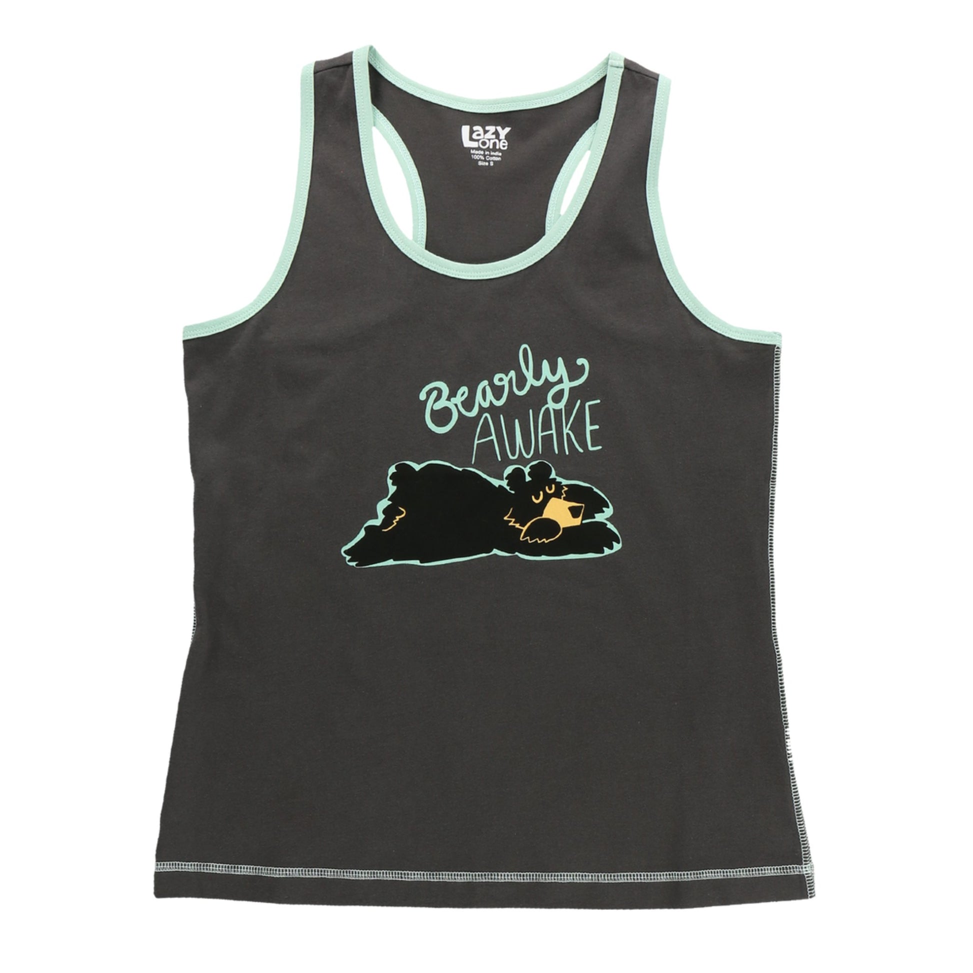 Bearly awake text and sleepy bear graphic on a gray tank top