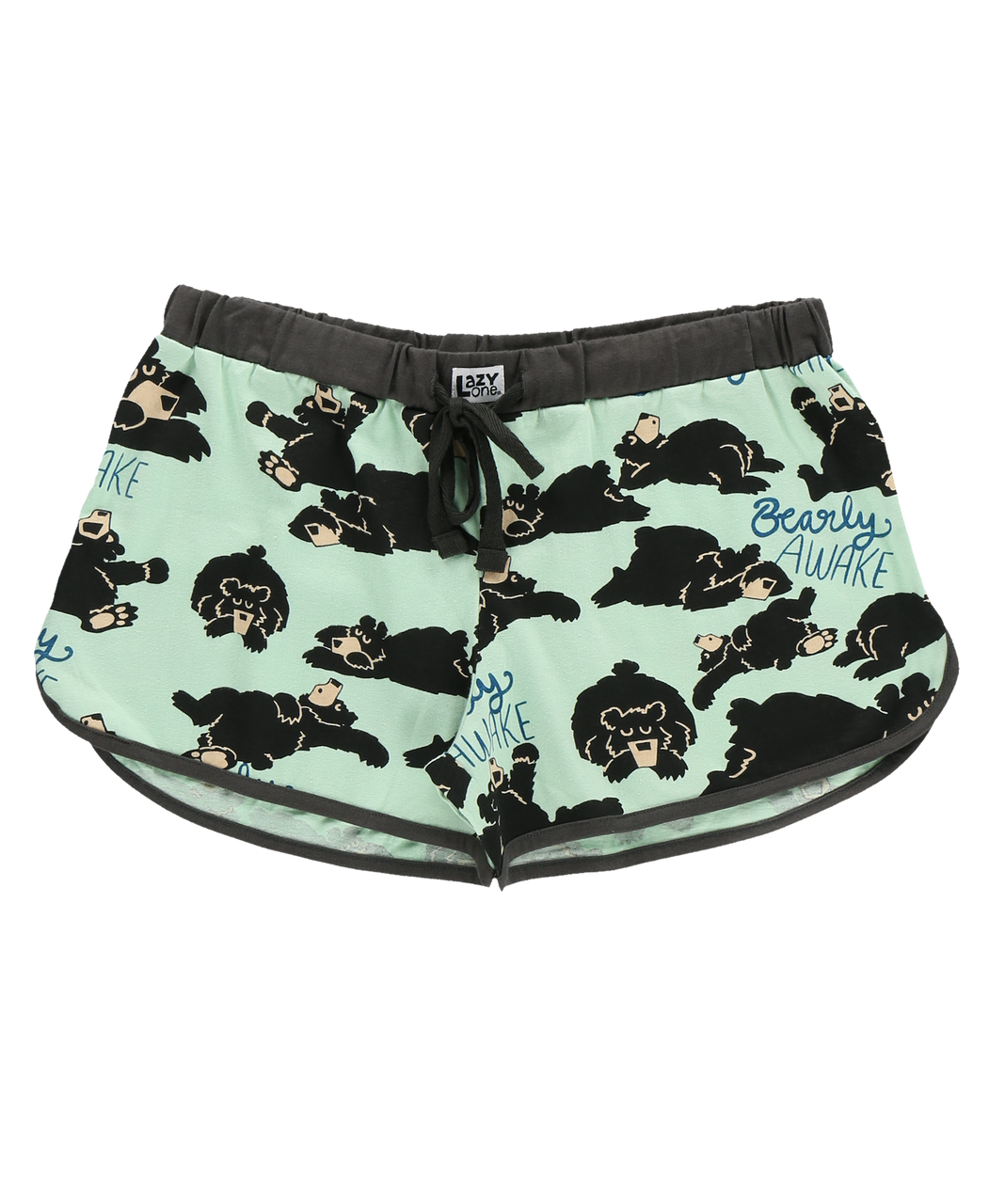 Shorts with bear pattern and "Bearly Awake" text
