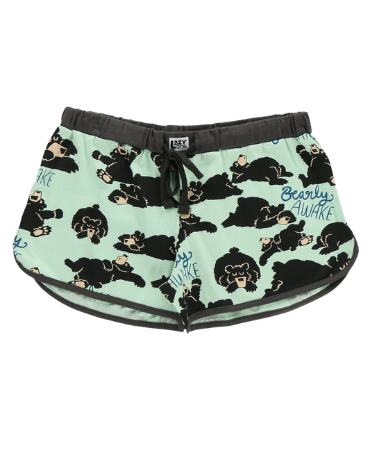 Shorts with bear pattern and "Bearly Awake" text