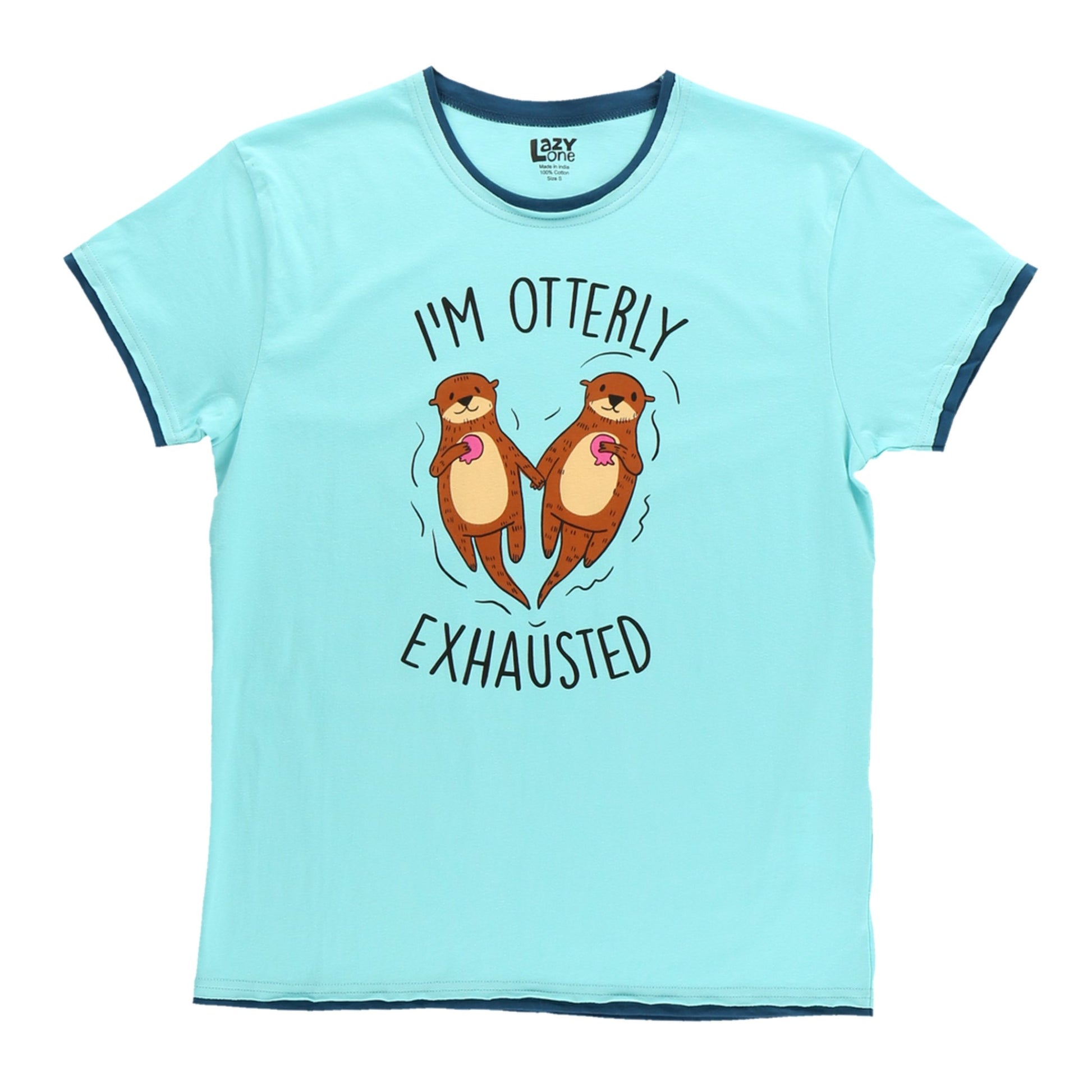 Blue PJ shirt with I'm Otterly Exhausted text and a two otters graphic