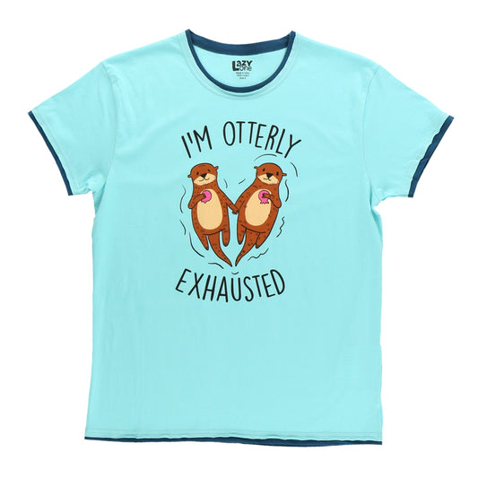 Blue PJ shirt with I'm Otterly Exhausted text and a two otters graphic