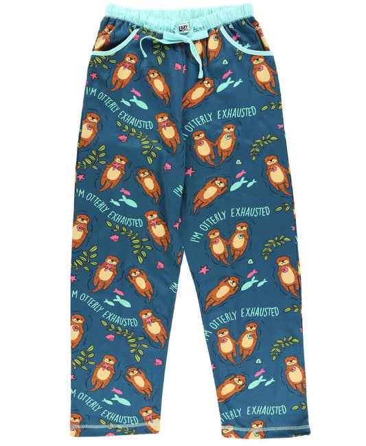 Pajama pants with otter pattern and "Otterly Exhausted" text 