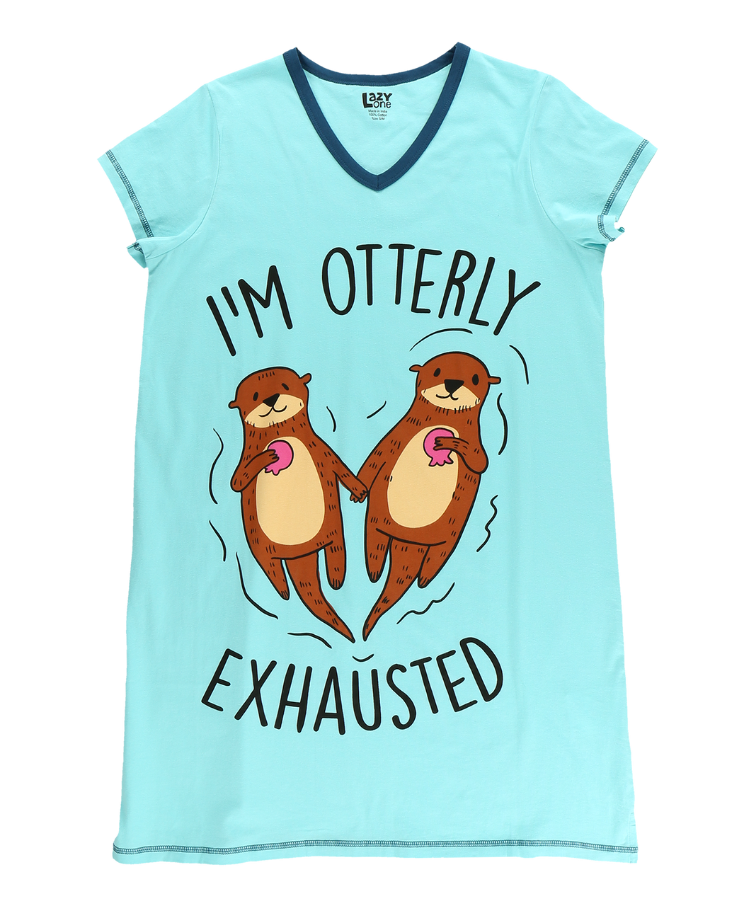 Light blue t-shirt with otter graphic and text 'I'm Otterly Exhausted' on a white background