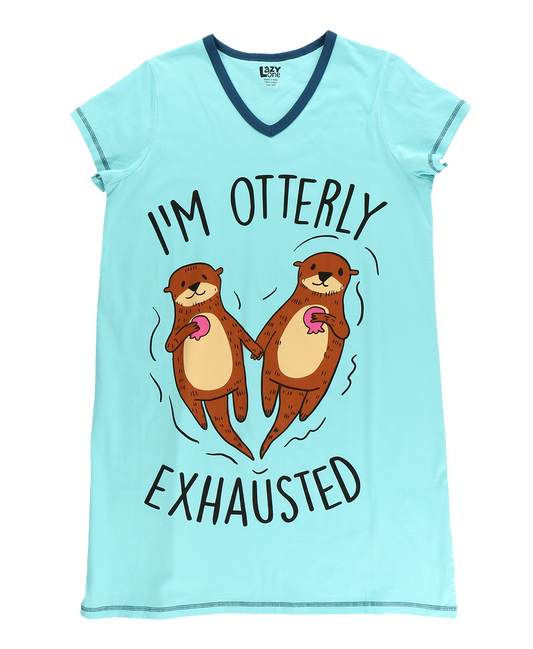 Light blue t-shirt with otter graphic and text 'I'm Otterly Exhausted' on a white background