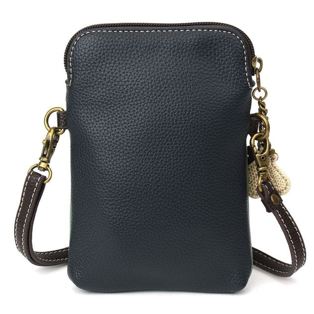 Back of crossbody bag with gold accents on a white background
