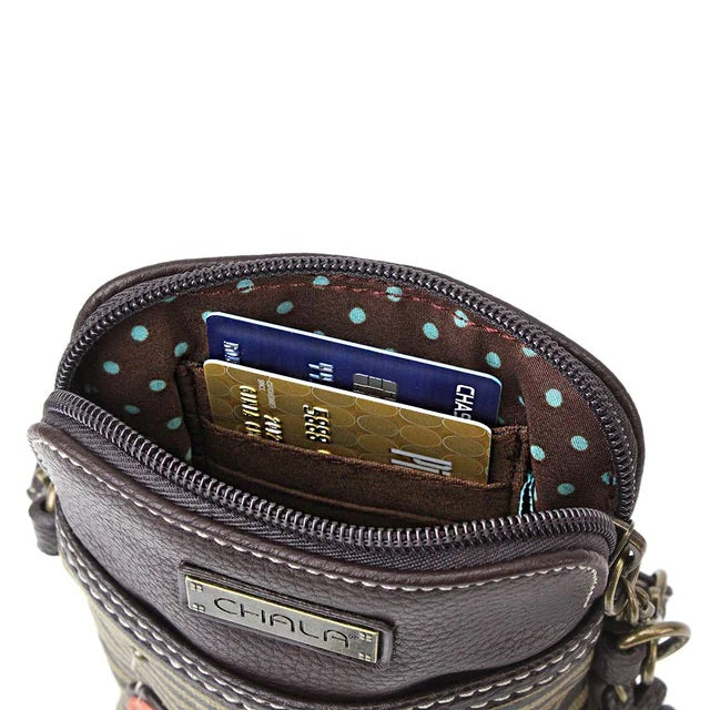 Close-up of a cross-body bag open with a zipper, containing cards, on a white background.