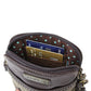Close-up of a cross-body bag open with a zipper, containing cards, on a white background.