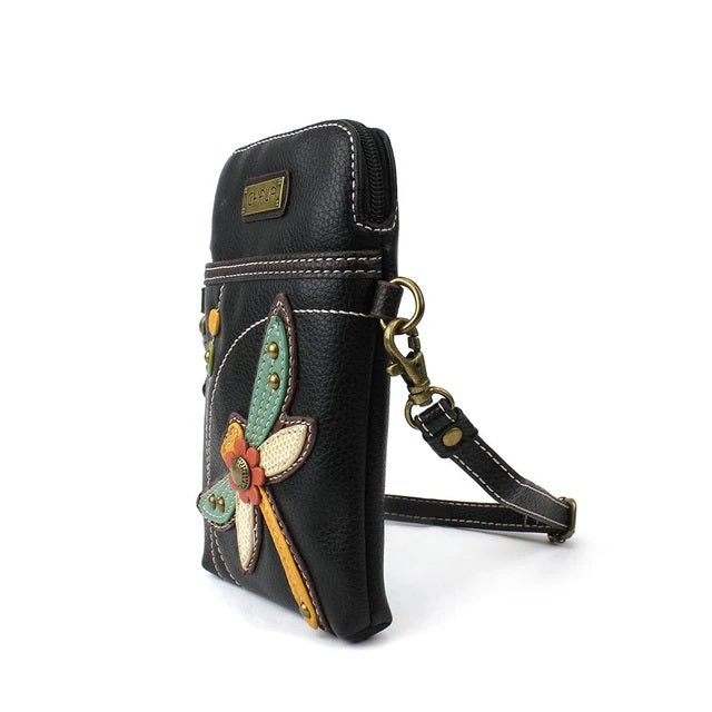 Black faux leather phone bag with colorful dragonfly design on a white background