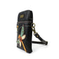 Black faux leather phone bag with colorful dragonfly design on a white background