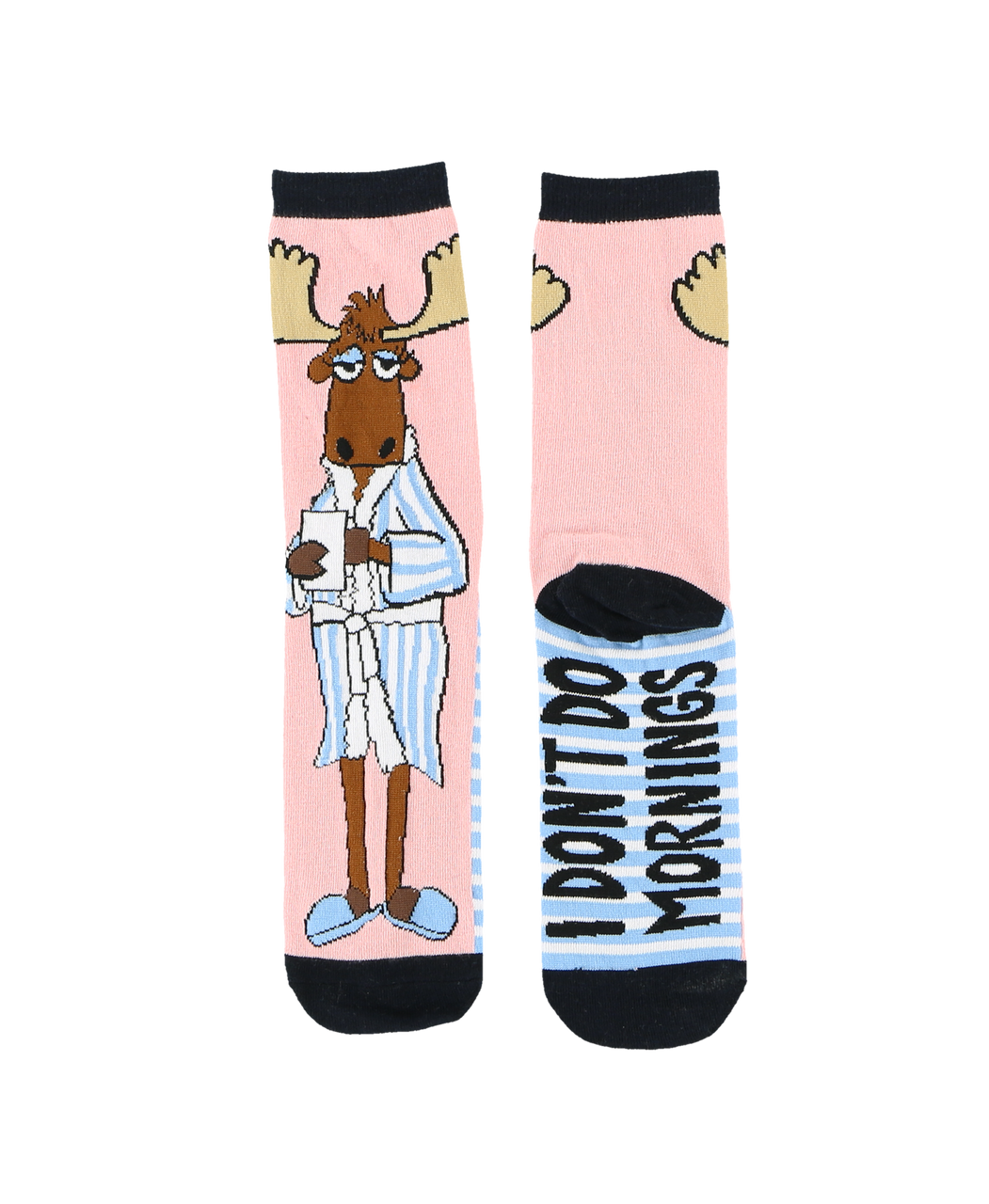 Socks with a cartoon moose character and text on a pink background