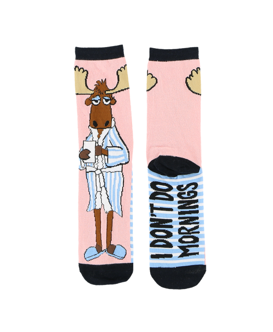 Socks with a cartoon moose character and text on a pink background