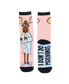 Socks with a cartoon moose character and text on a pink background