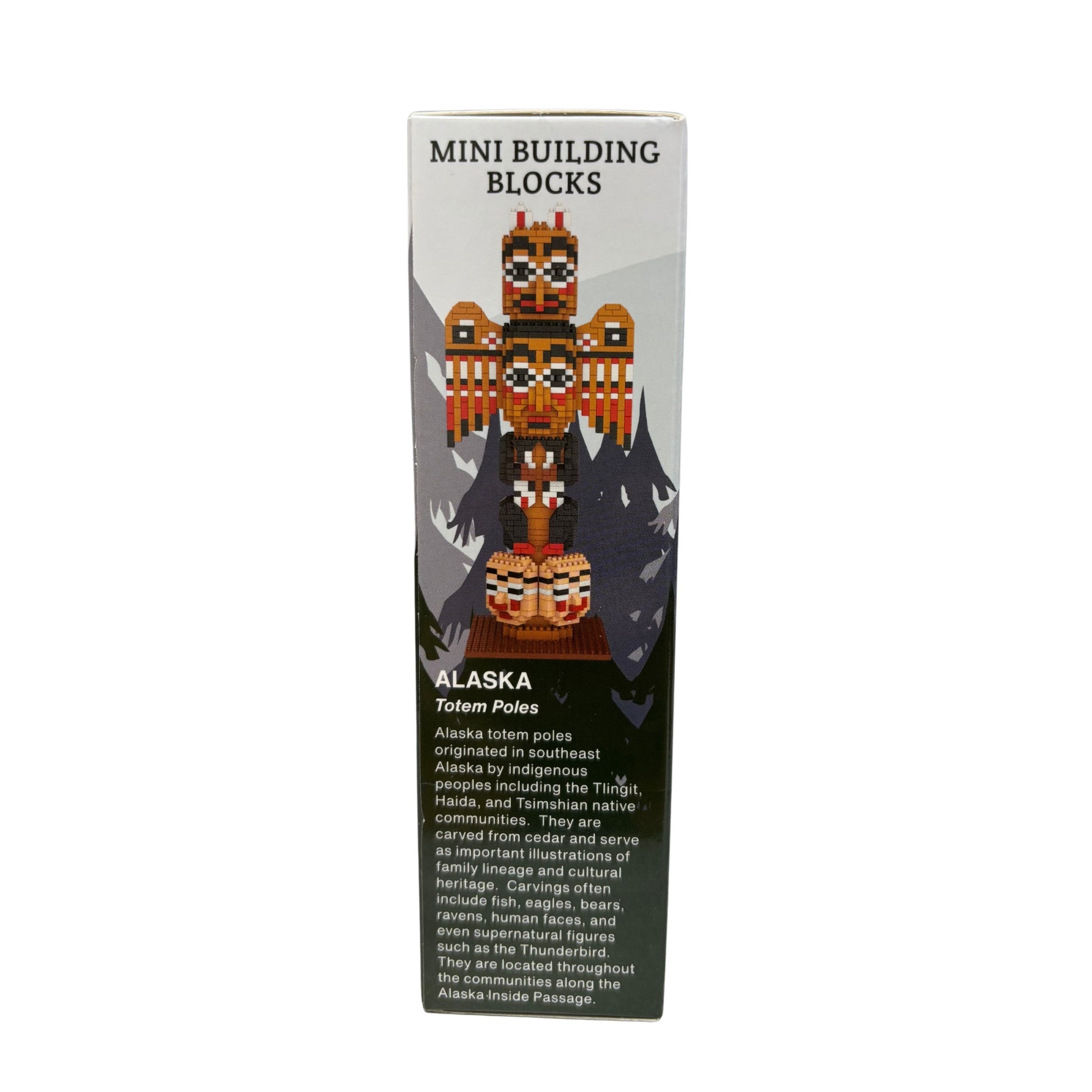 Box of mini building blocks featuring Alaska totem poles 