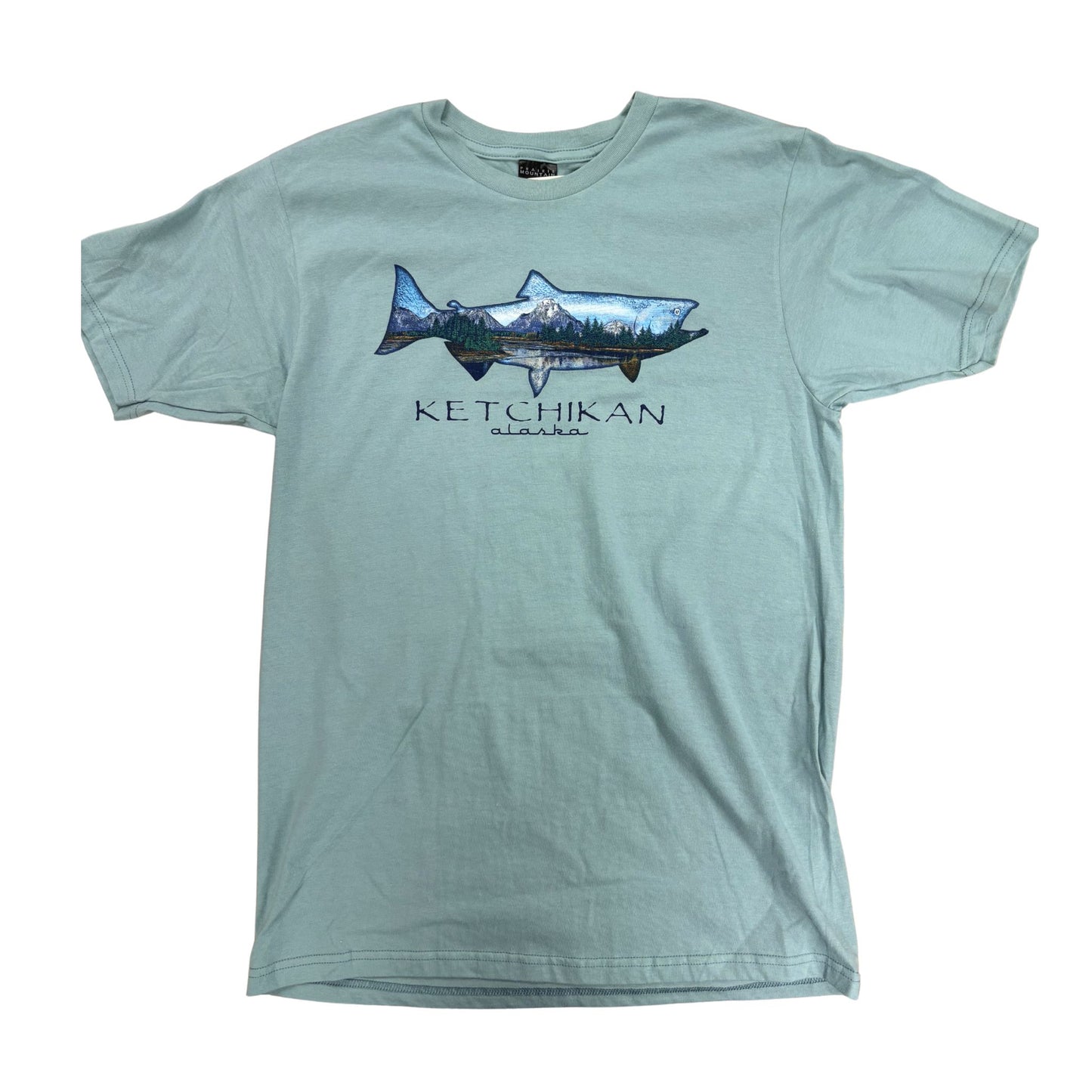 Light blue t-shirt with a fish and mountain graphic and 'Ketchikan Alaska' text
