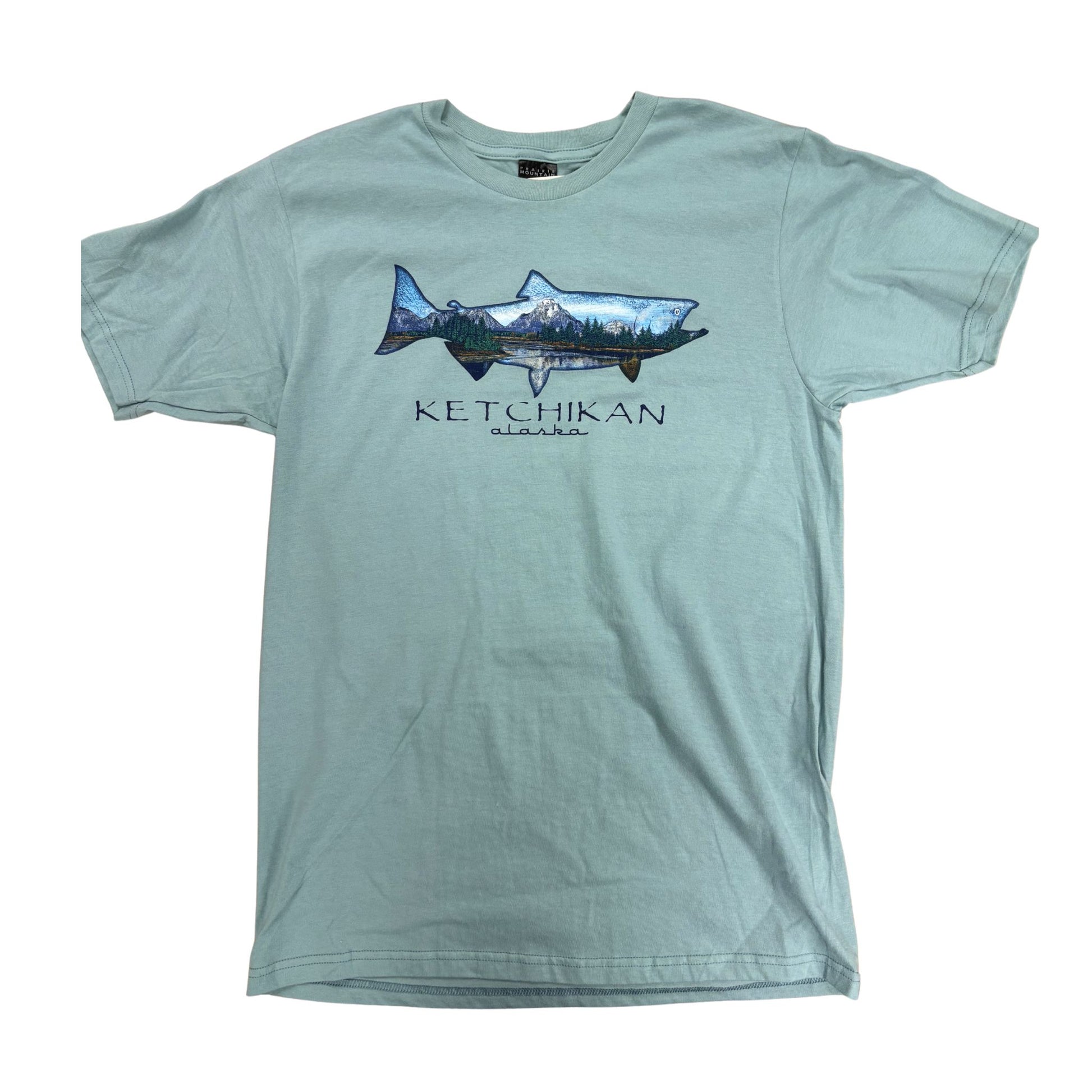 Light blue t-shirt with a fish and mountain graphic and 'Ketchikan Alaska' text