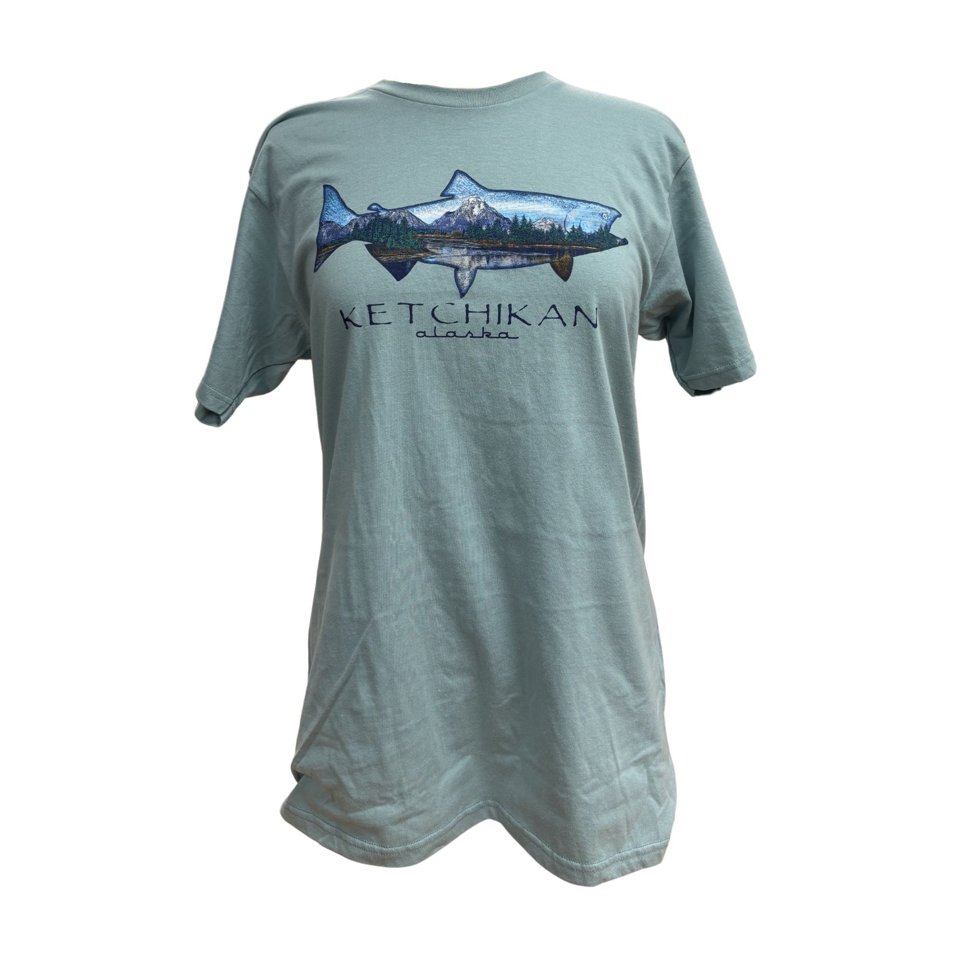 Light blue t-shirt with a fish graphic and 'Ketchikan Alaska' text 