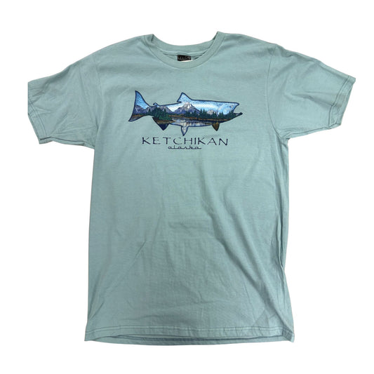 Light blue t-shirt with a fish and mountain graphic and 'Ketchikan Alaska' text on a white background