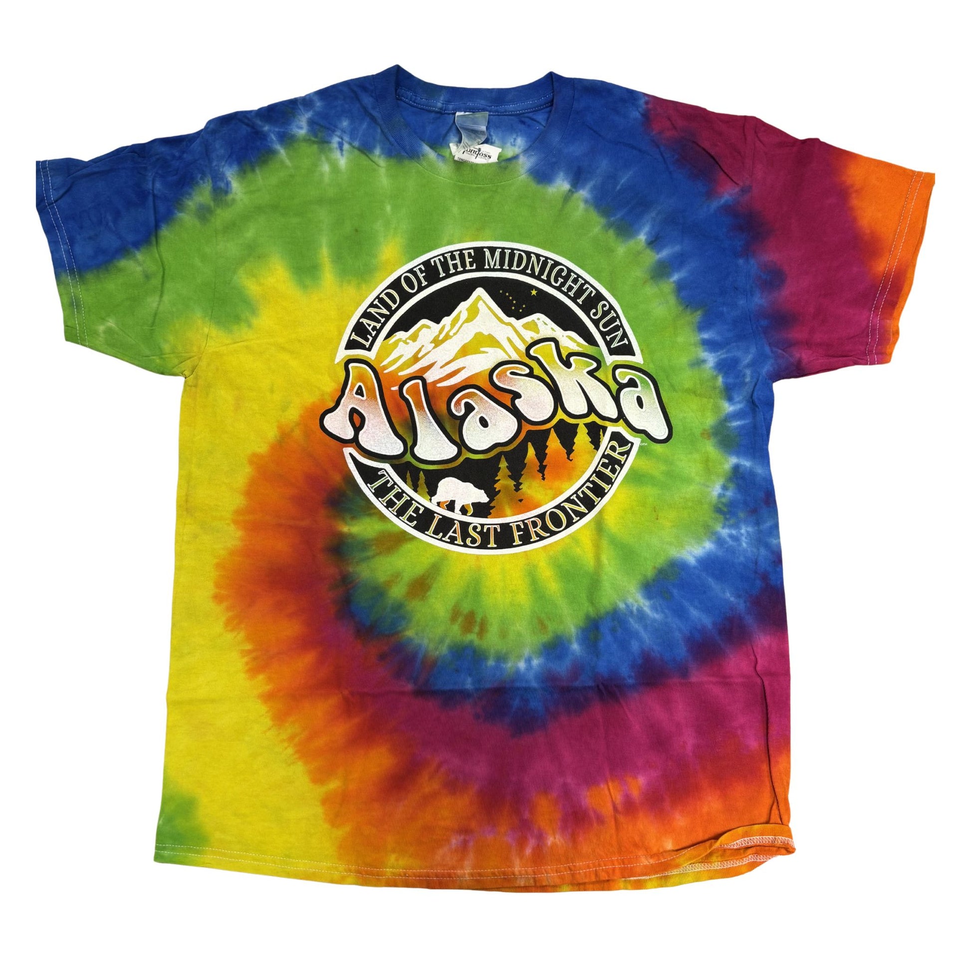 Tie-dye t-shirt with Alaska graphic on a white background