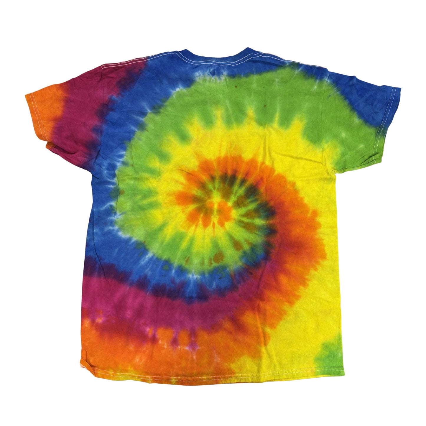 Colorful tie-dye t-shirt with a spiral pattern on a white background