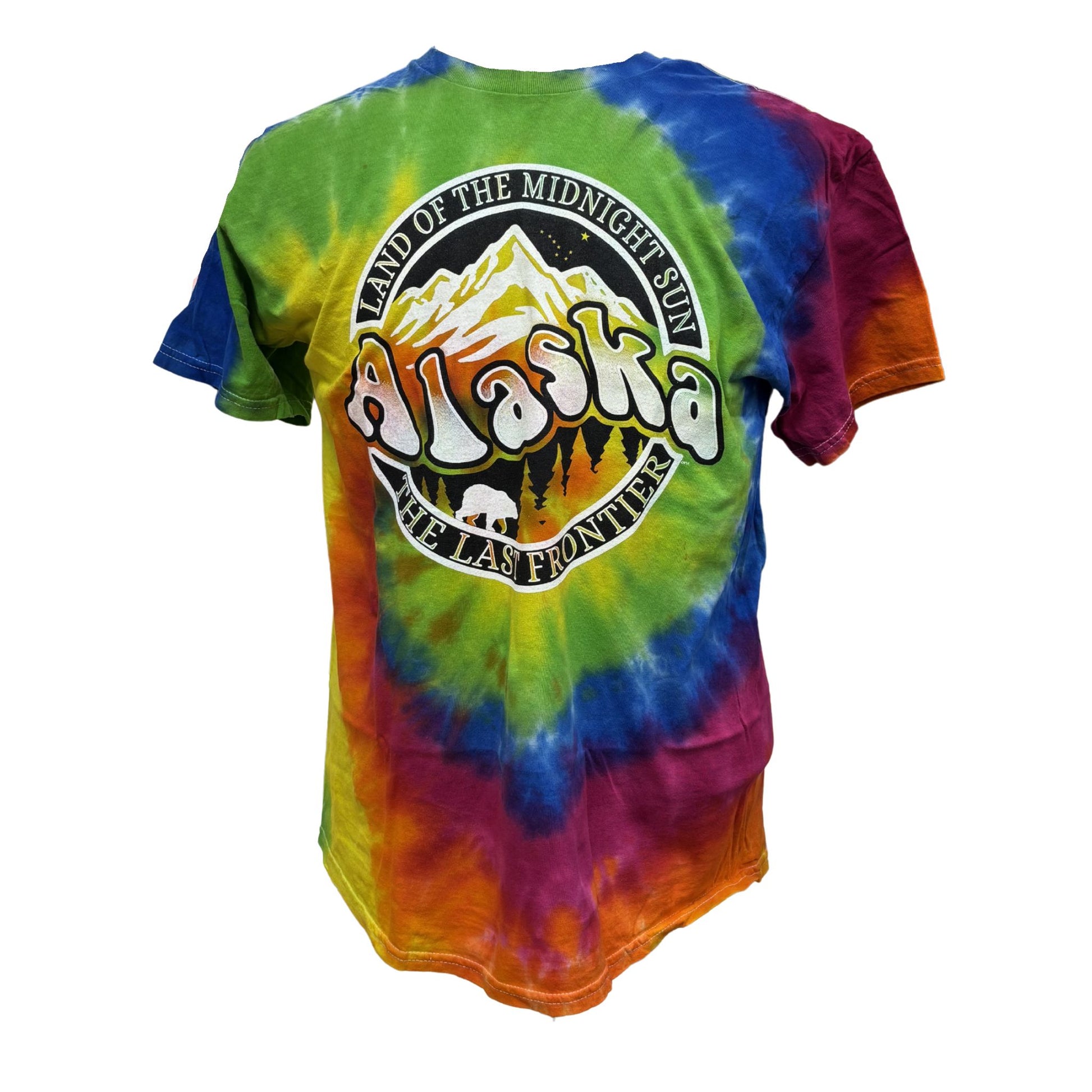 Tie-dye t-shirt with Alaska graphic on a white background