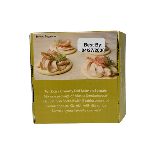 Box of Alaska Smokehouse Dill Salmon Spread with serving suggestion on a white background
