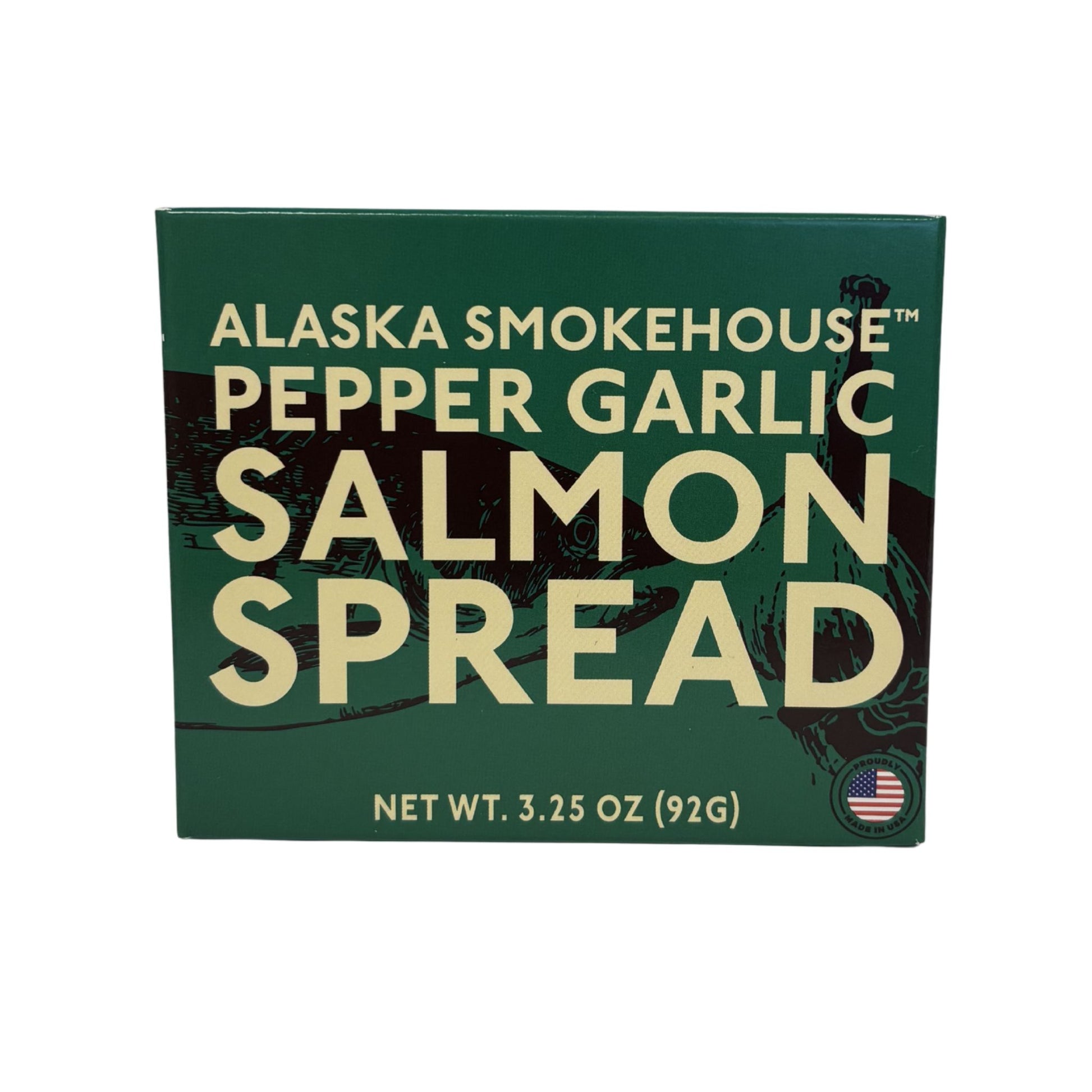 Alaska Smokehouse Pepper Garlic Salmon Spread packaging on a white background