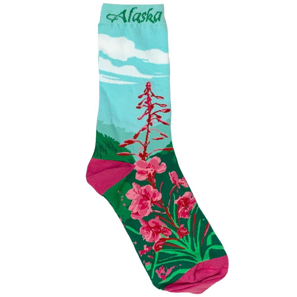 Colorful sock with floral design and 'Alaska' text on a white background
