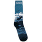 Sock with Alaska design featuring a moose and mountains on a blue background