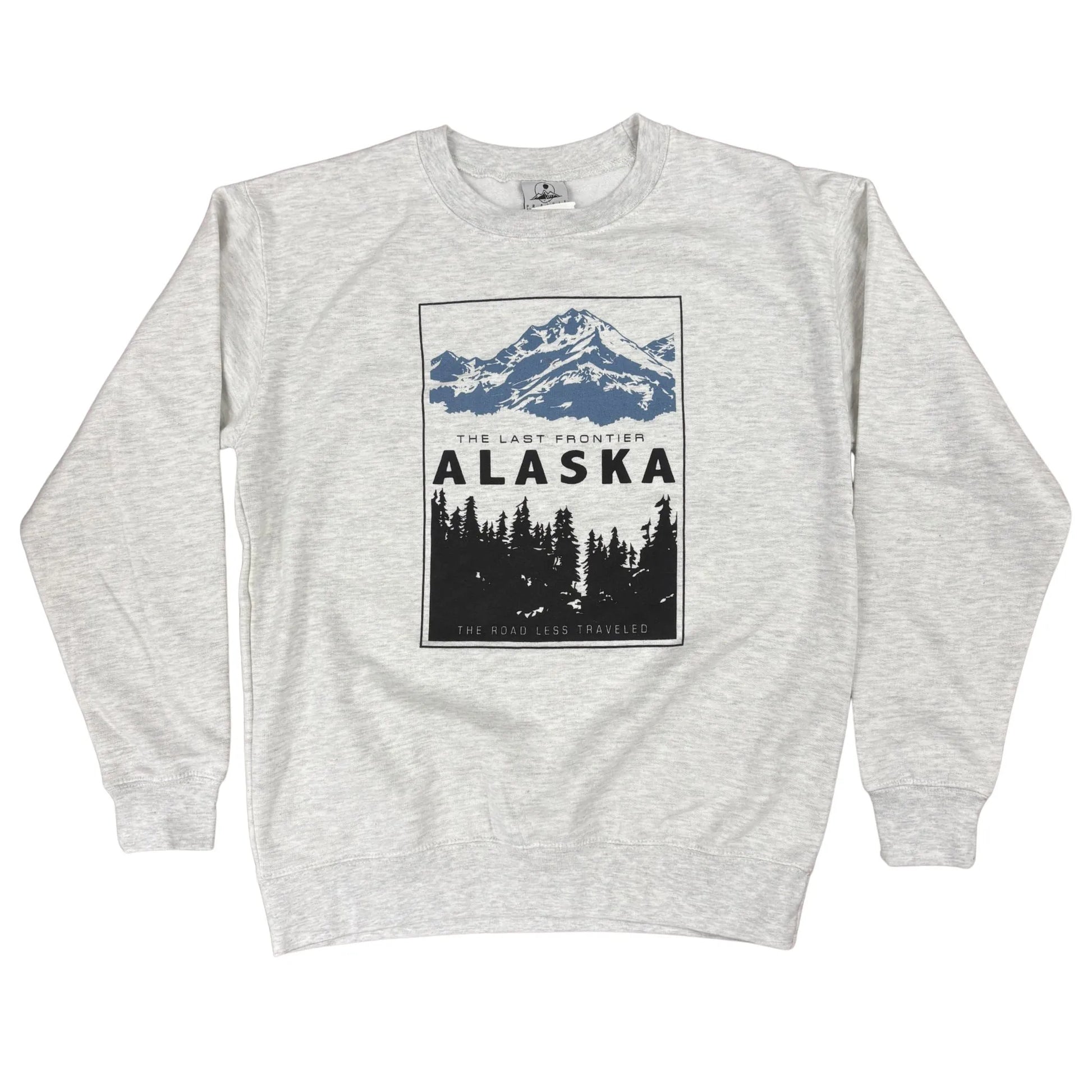 Gray sweatshirt with Alaska graphic design on a white background
