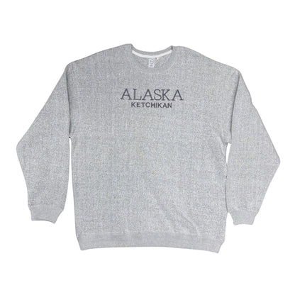 Gray sweatshirt with 'Alaska Ketchikan' text on a white background