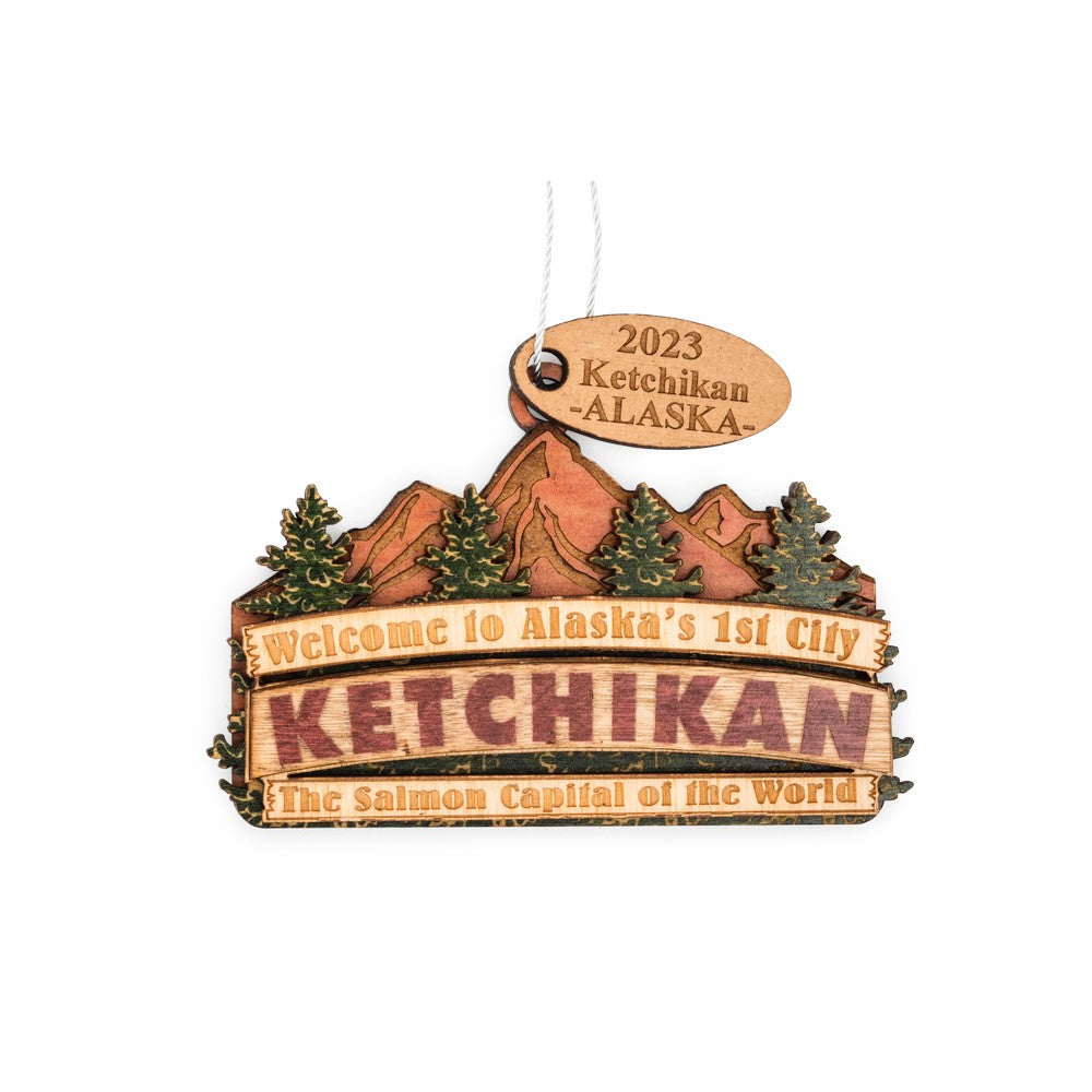 WOODEN KETCHIKAN SIGN ORNAMENT W/ KETCHIKAN, AK