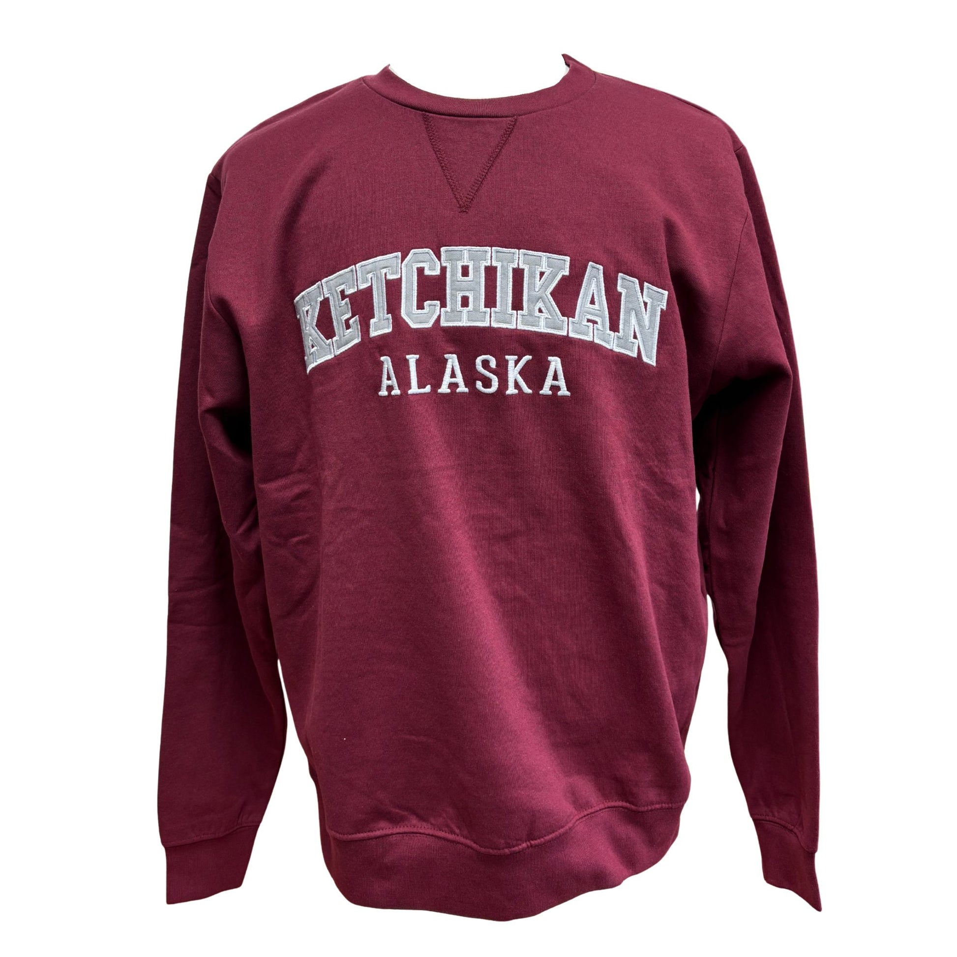 Maroon sweatshirt with 'Ketchikan Alaska' text 