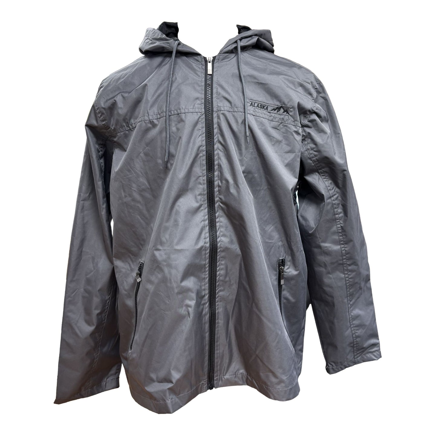 Gray raincoat with a brand logo on a white background