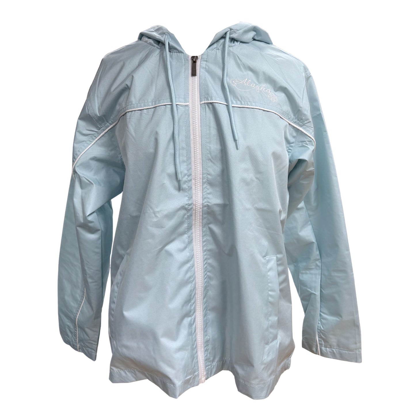 Light blue raincoat with a zipper on a white background