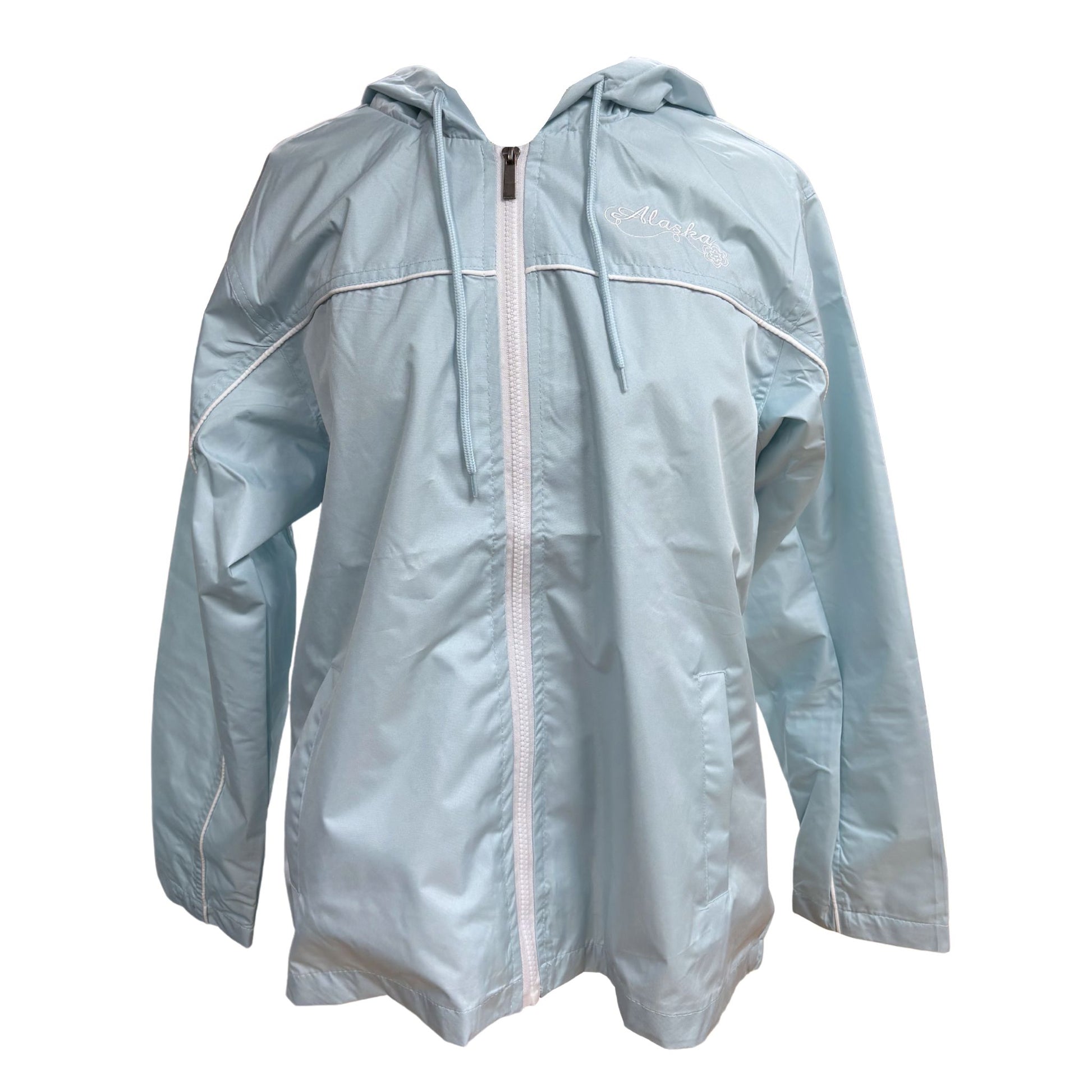 Light blue raincoat with a zipper on a white background