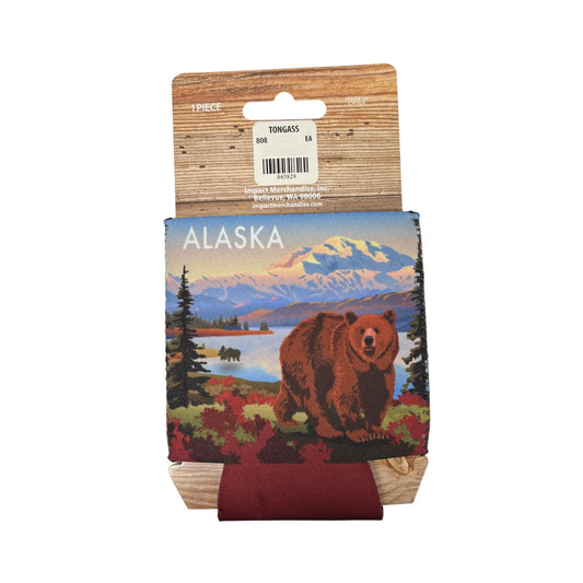 Koozie with Alaska design featuring a bear and mountains