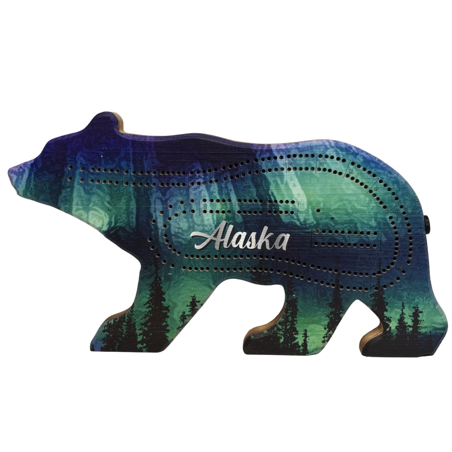 Wooden bear-shaped cribbage board with 'Alaska' text and Northern Lights design