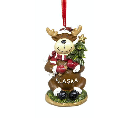 Decorative moose ornament with 'Alaska' text on a white background