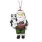 Santa Claus ornament holding a husky, wearing an 'Alaska' sweater