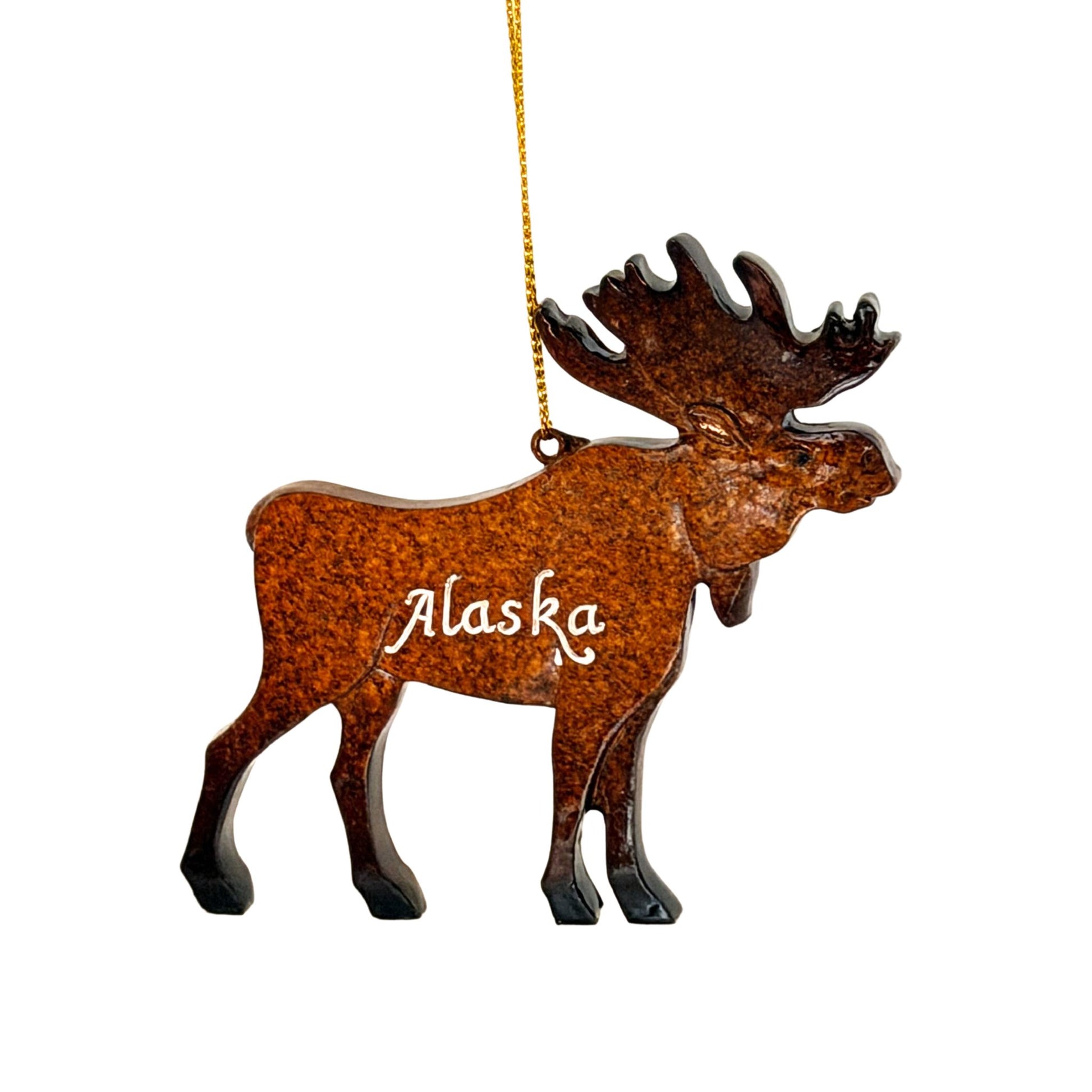 Decorative moose ornament with 'Alaska' text on a white background