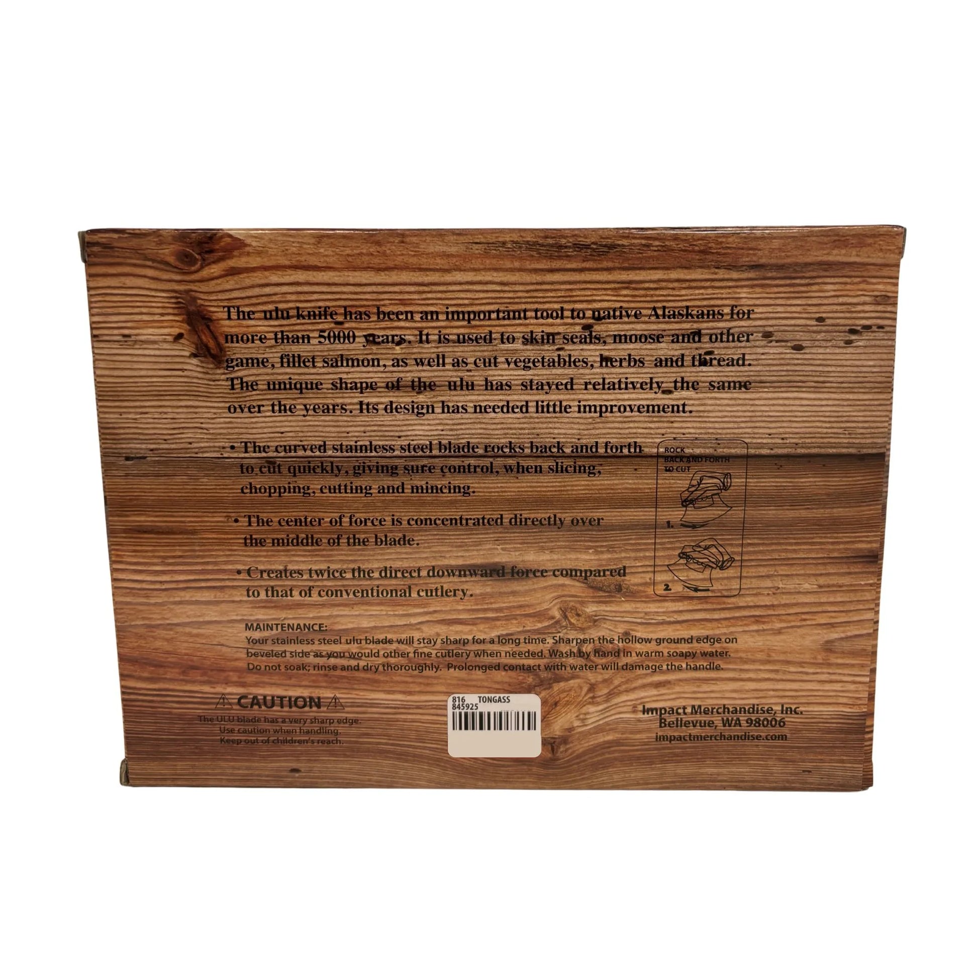 Ulu knife packaging with text and branding 