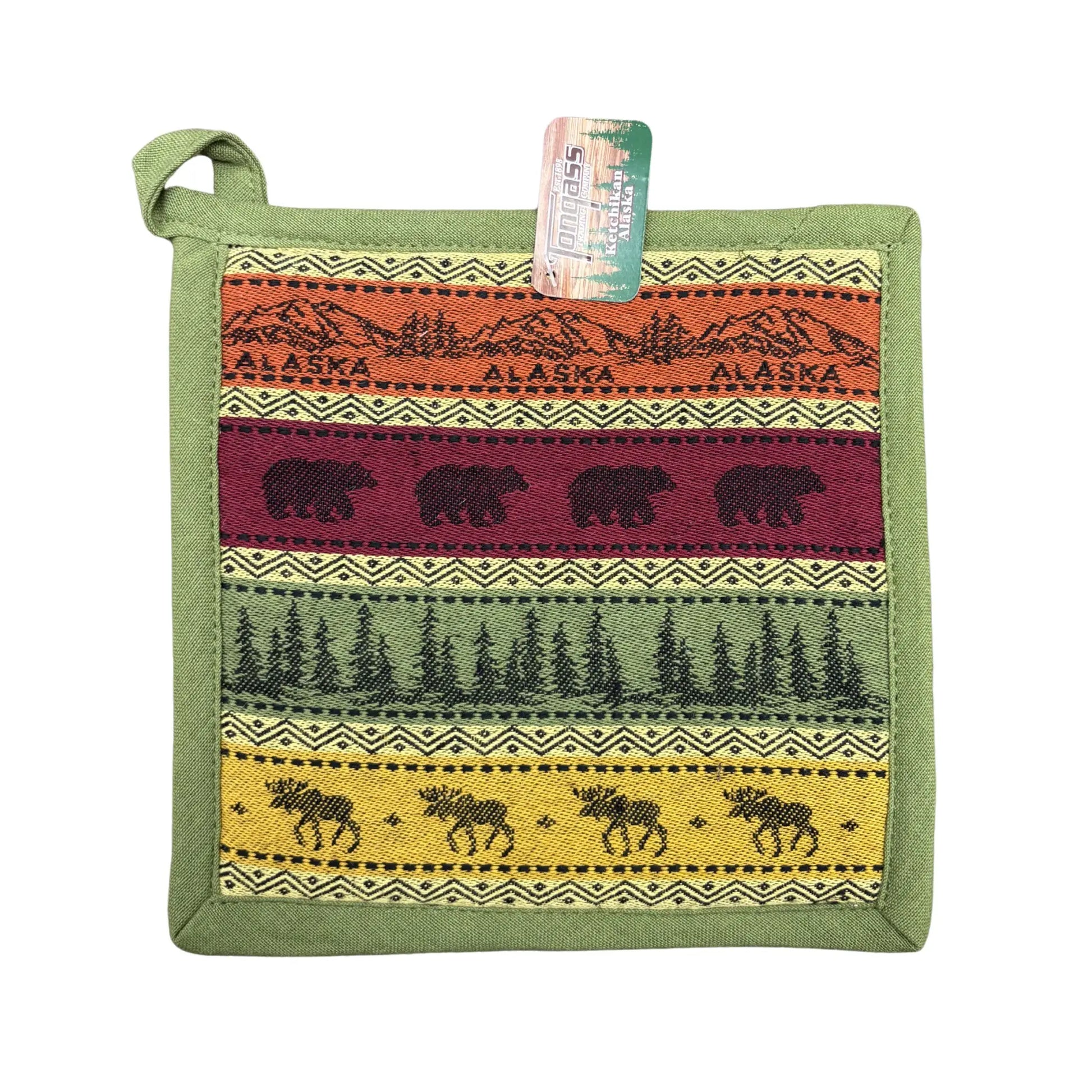 Potholder with Alaska-themed design featuring bears and moose 