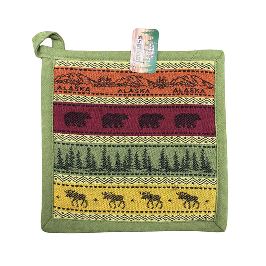 Potholder with Alaska-themed design featuring bears and moose 